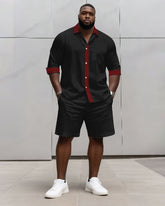 Big & Tall Men's Business Simple Black & Red Geometric Texture Contrast Long Sleeve Shirt Shorts Set